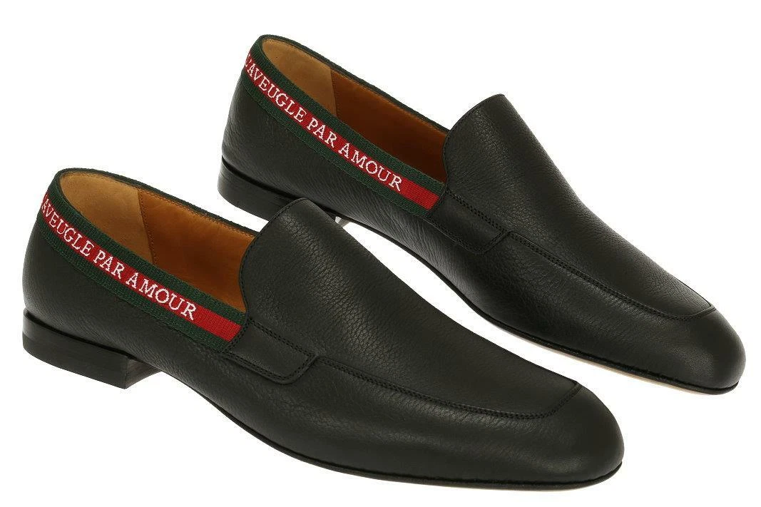 CHAUSSURES NEUVES GUCCI L'AVEUGLE PAR AMOUR CUIR NOIR WEB MOCASSINS 7/US 7,5