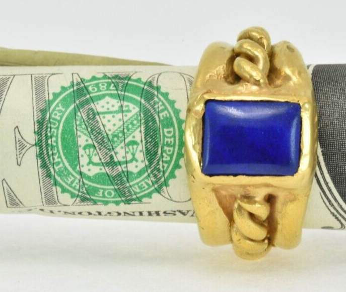 22k Solid Gold Handmade Rectangle Lapis Heavy Ring - image 4