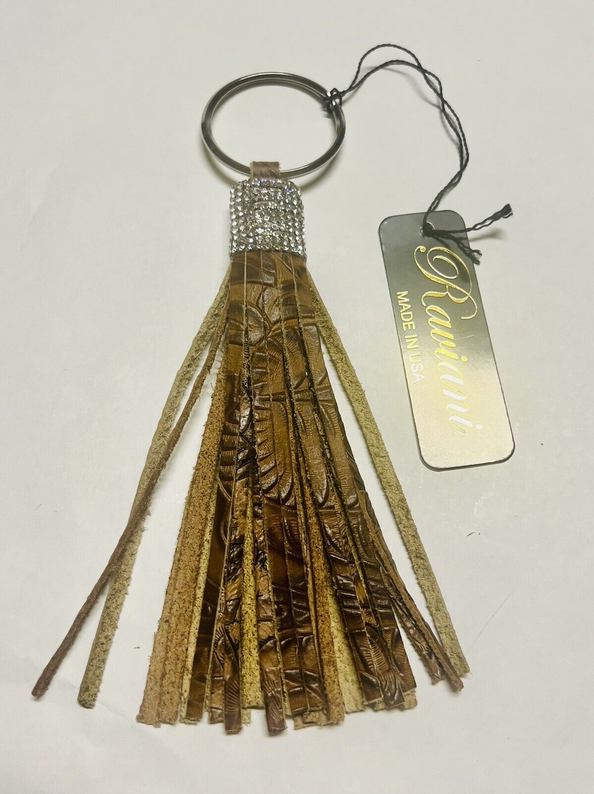 Raviani Brown Western Tooled Leather Fringe Keychain W/ Clear Crystal Mesh