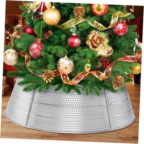 28" Metal Christmas Tree Collar, Christmas Tree Collar Skirt Base Silver-dot