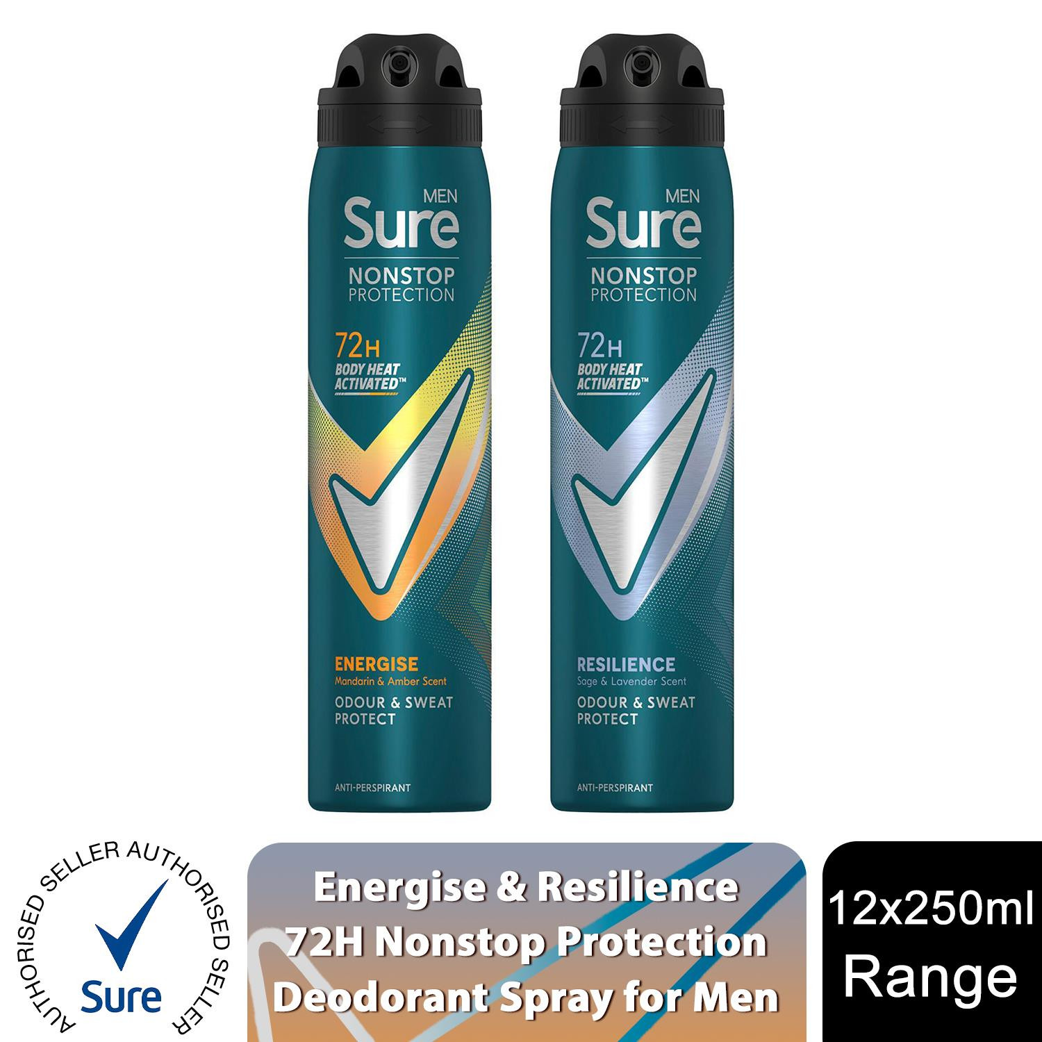 Sure Men Energise & Resilience Deodorant Spray Nonstop Protection 250ml, 12 Pack