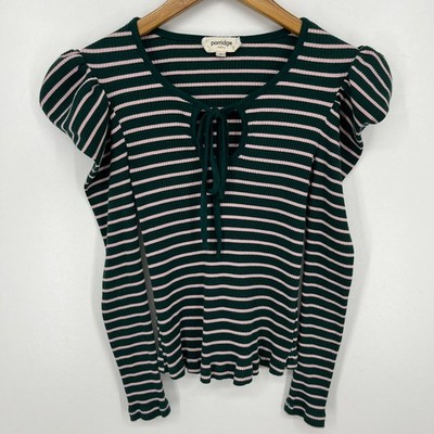 Porridge Blouse Women's S Green Striped Puff Shoulder Long Sleeve