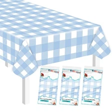3 Pack Light Blue Gingham Tablecloth 54 x 108 Rectangular Plastic Table Cover...