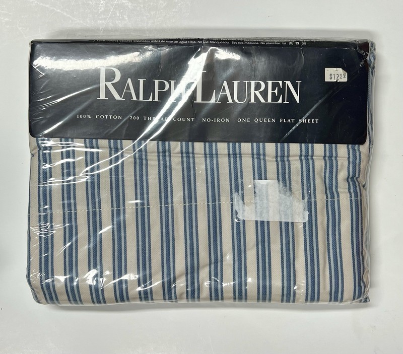 VINTAGE New Ralph Lauren CLAUDINE Blue Striped Flat Sheet - Queen