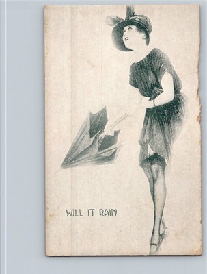 WILL IT RAIN Flapper Woman Umbrella Humorous Vintage Postcard 1920s 1930s