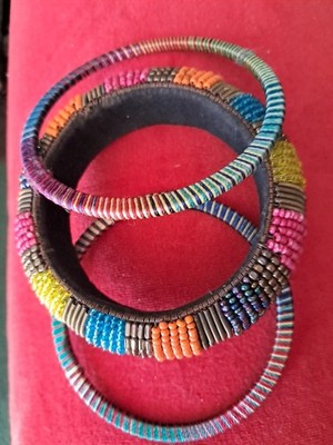 Set Of 3 Bracelets Multi Color 1 Lg Beaded Cuff W/2  Thin String Wrapped Sides