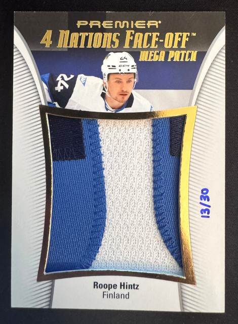 2025-26 UD PREMIER ROOPE HINTZ 4 NATIONS FACE OFF GAME USED MEGA PATCH #13/30