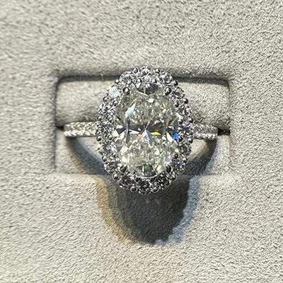 2.46 TCW Oval Cut Moissanite Halo Engagement Ring 14k White Gold Plated