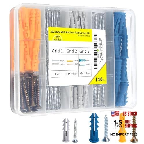 140pcs Drywall Anchors and Screws Kit (3 Sizes) - Plastic Screw Anchors 140 Pcs - Picture 1 of 8