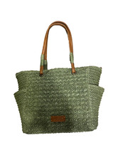 Women's Green Woven Straw Tote Bag Summer Beach Vacation Shoulder Handbag