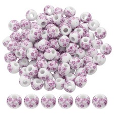100 Pcs Porcelain Beads, 8mm Round Flower Beads, Pink