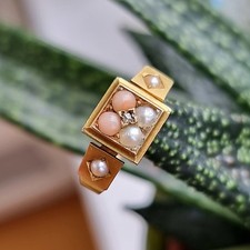 Victorian 18ct Yellow Gold Diamond, Coral and Pearl Square Cluster Ring