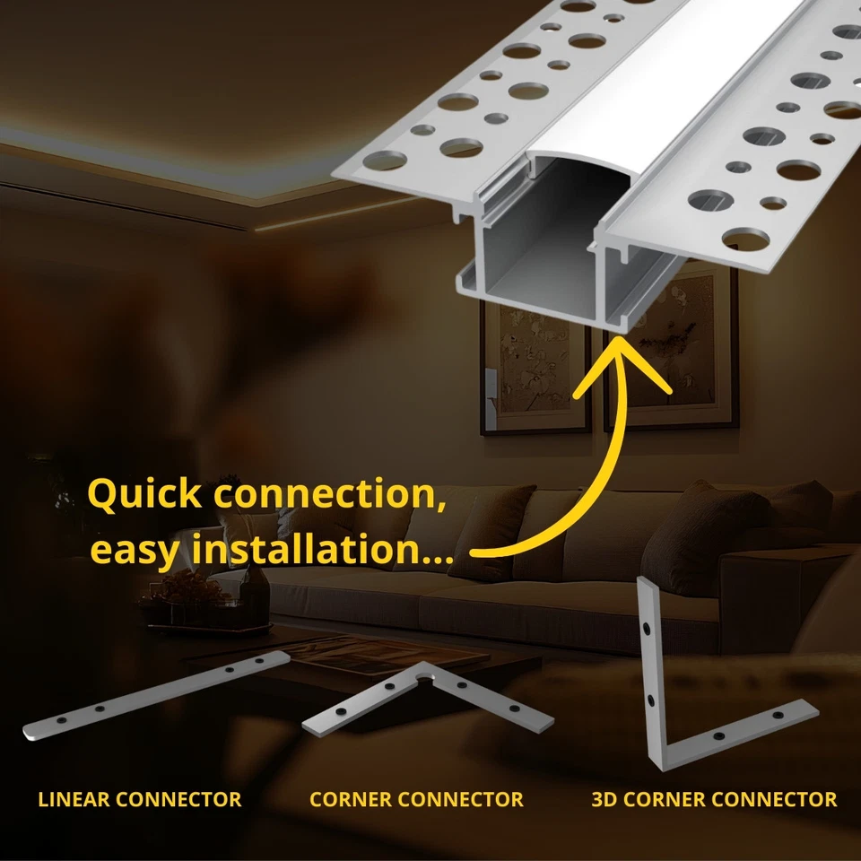 Profilo Alluminio ALFA 2 mt da Incasso Scomparsa Cartongesso Striscia LED+COVER - Immagine 3 di 4