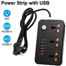 Extension Lead with 4USB 2m Cable Electric Plug Socket UK Mains Power 3 Gang Way