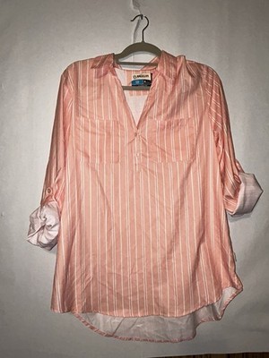 Womens  XL Magellan Fish Gear Aransas Pass Henley Coral Stripe  Classic Fit. NWT