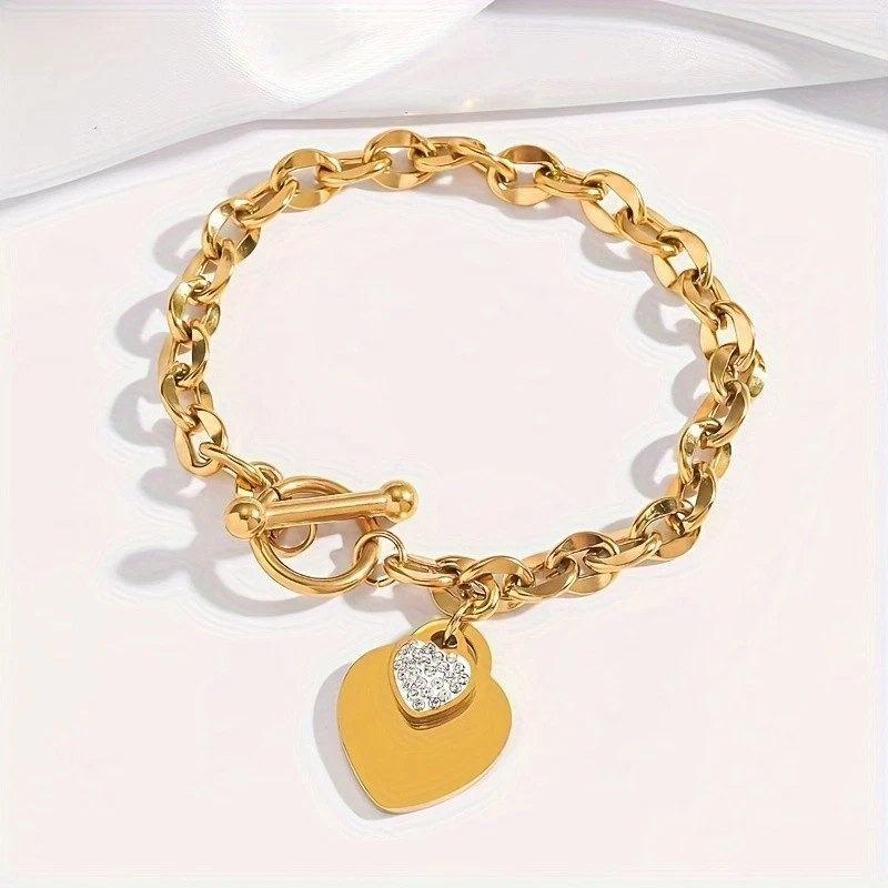 Pulsera colgante de diamantes de imitación con incrustaciones de corazón para mujer hebilla OT titanio acero bracele Foto 2 de 4