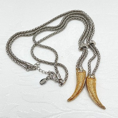 Bijoux Terner Silver & Gold Tone Necklace with Horns Pendant & Rhinestones