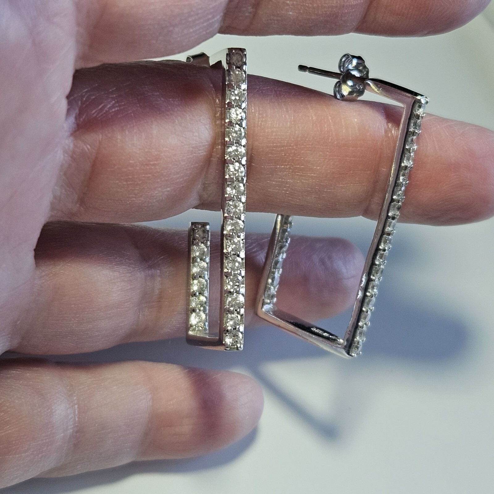 Sterling Silver Rectangular Hoop Clear Rhinestone… - image 3