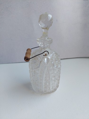 Cut Clear Glass Bottle With Wood Handle And Stopper 6" Tall Vintage - Picture 4 of 15