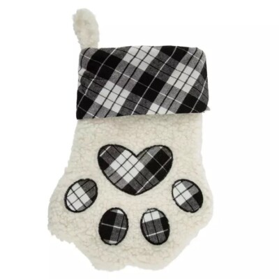 DOG CAT PET BLACK/WHITE PLAID PAW PRINT HEART SHERPA XMAS STOCKING Hobby Lobby