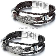 Men's Women's Angel Wing Charm Braided Leather Bracelet Cuff Bangle Wristband