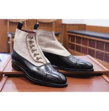 Handmade Mens Two Tone Button Boots, Men Beige and Black Ankle Button Boot