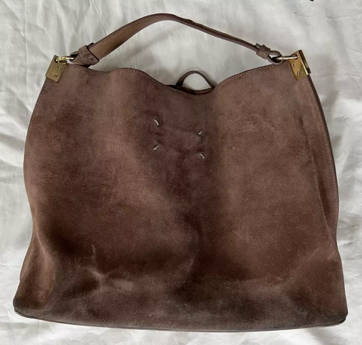 Drawstring Hobo Tote Brown Suede Tote Bag by Maison Margiela