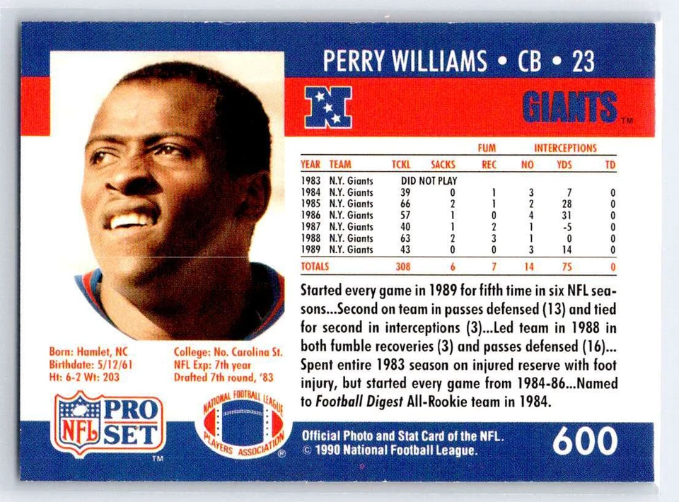 1990 Pro Set #600 Perry Williams - Image 2 of 2
