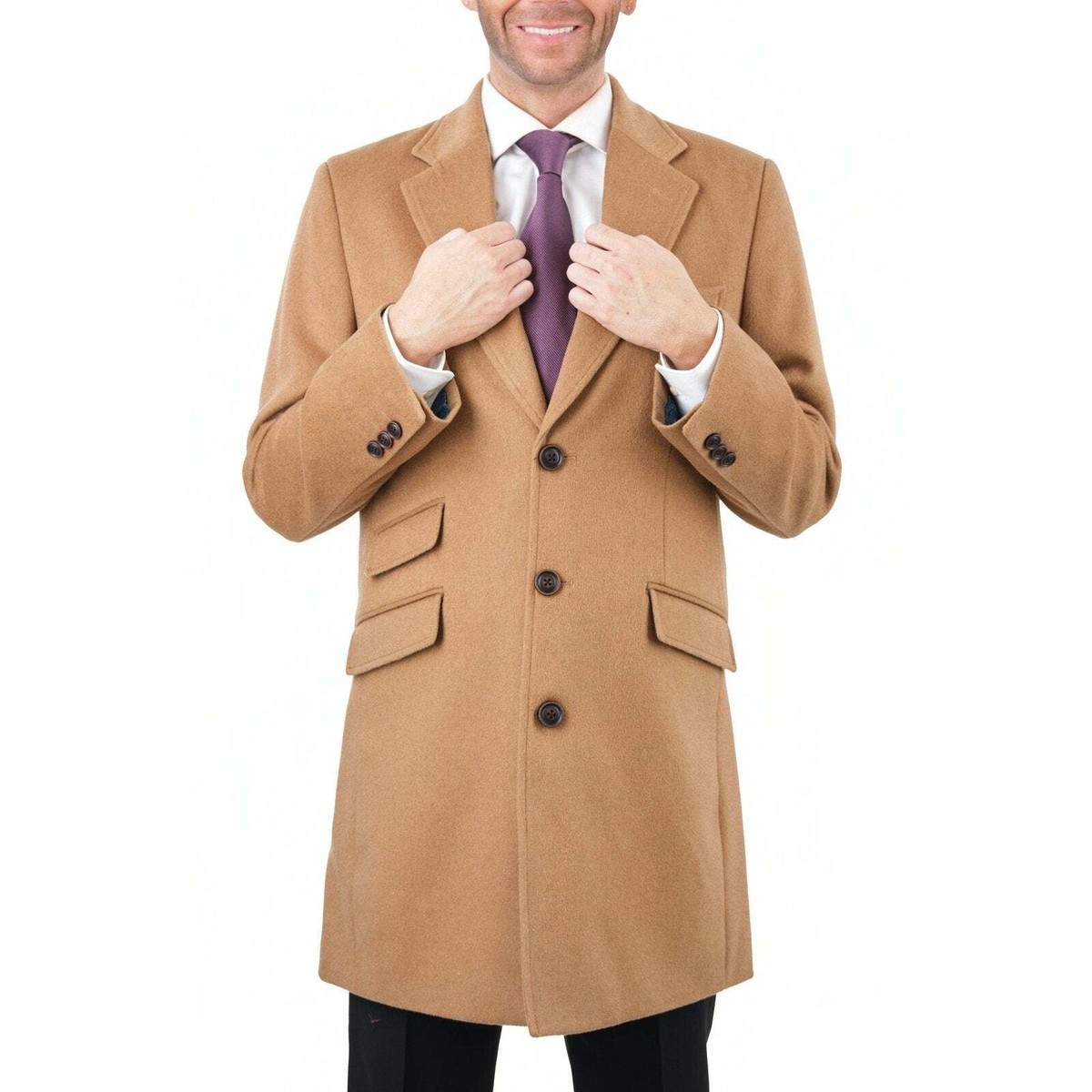 Men's Wool Cashmere Single Breasted 3/4 Length Car Coat Top Coat