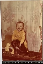 Old photo Cute Children, girl/boy with dog