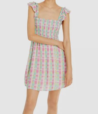 $98 French Connection Women's Green Square Neck Plaid Print Mini Dress Size US 4