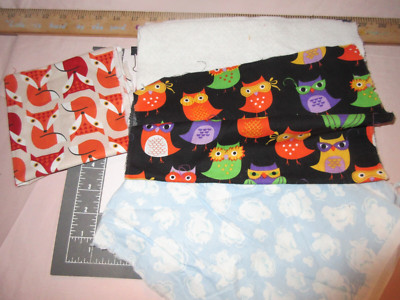 LOT  4 FABRIC REMNANTS: FOX+WISE OWLS+FELT+CLOUDS of Dreaming Sleeping Animals!
