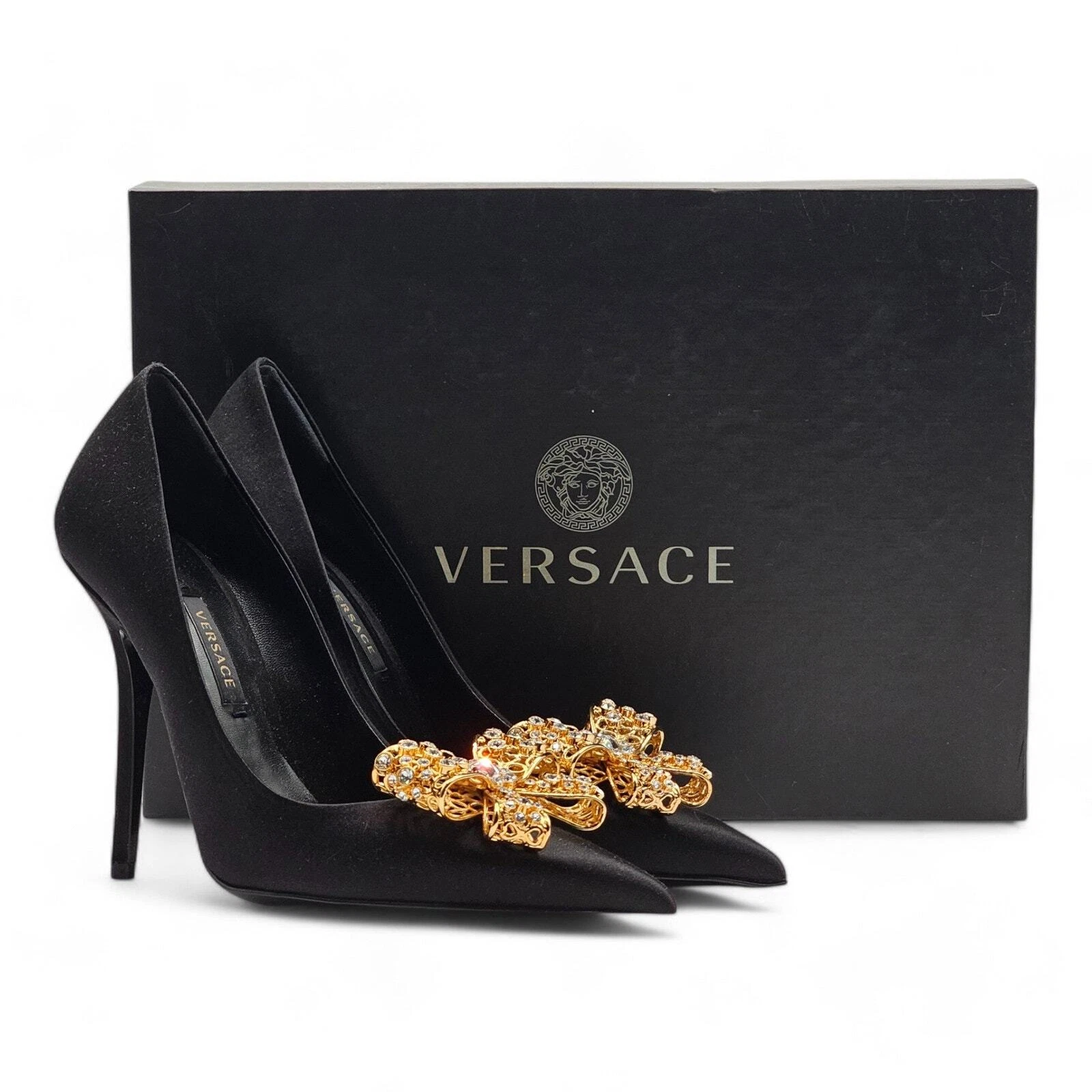 Versace decolte impreziosite 100 mm raso nero 36 $1100