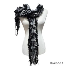 Unbranded 60" Scarf Womens String Fringie Ribbon Black White Silver 10” wide
