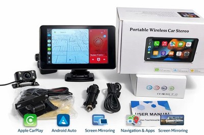 Portable Wireless Car Stereo Apple CarPlay, Android Auto, & Screen Mirroring 7''