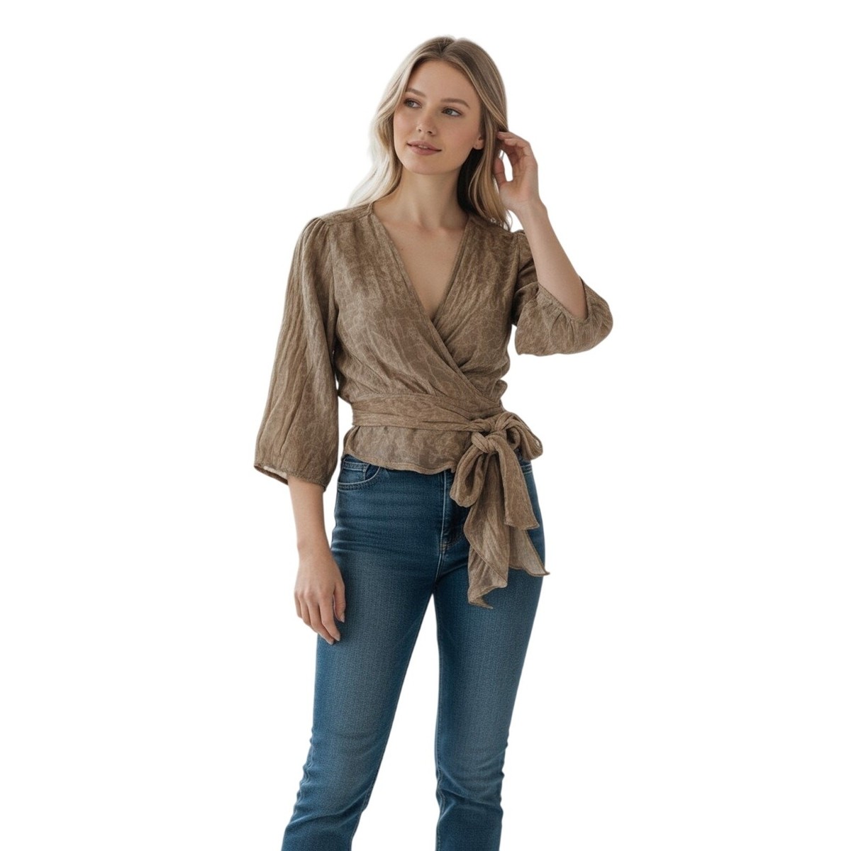 Max Studio Silk Wrap Blouse Top S Taupe Tie Waist 3/4 Sleeve