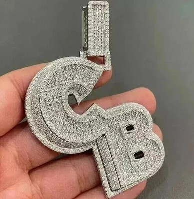 4 Ct Round Cut Real Moissanite Men's Custom Letter Pendant 14K White Gold Plated
