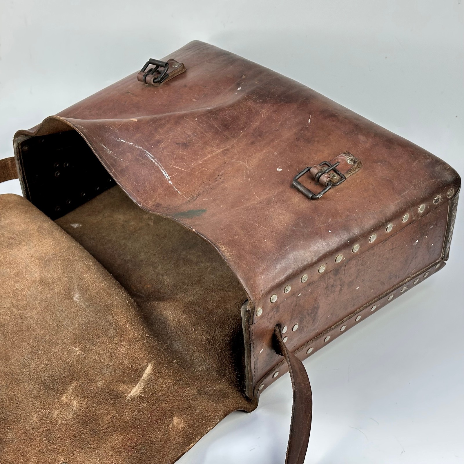 Antique French Large Rectangular Thick Leather In… - image 12