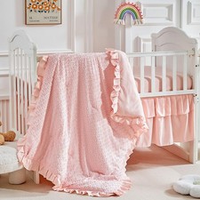 3 Pieces Tufted Crib Bedding Set with Ruffle Fringe, Pink Ruffled Comforter w...