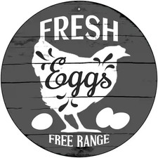 Fresh Eggs Free Range Metal Sign 12" Round Chicken Coop Farm House Kitchen Decor