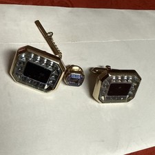 Vintage Swank Cuff Links And Tie Pin Set Art Deco Tone Black Design