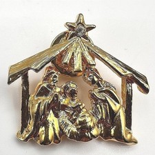 Vintage 90s Gold Tone Nativity Scene Christmas Brooches Pin Clear Glass Jewelry