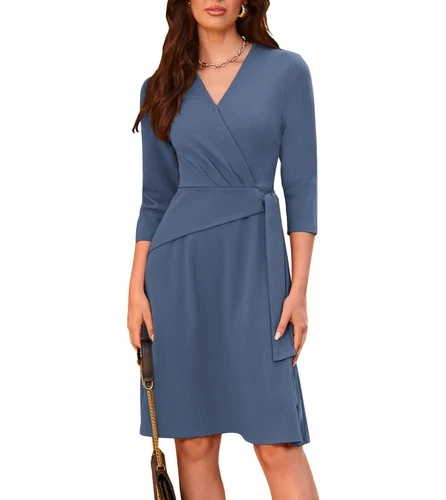 Women’s A-line Business Dress Slim Fit with Belt – Grey Blue XXL
