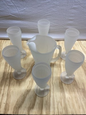 Indiana Glass Tiara Satin Set 6 Viking Horn Frosted Pilsner Glasses And Pitcher