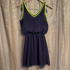 Express Navy Blue Neon Yellow Chiffon Summer Lightweight Mini Skater Dress XS