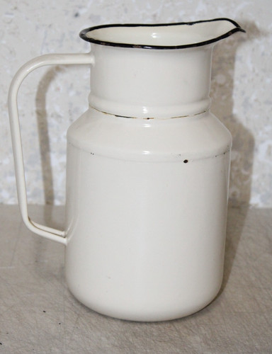 Enamelware Milk Jug Water Pitcher 1 Gallon  Cream Black Trim  9 1/2'' ..
