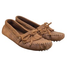 Minnetonka Kilty Hardsole Moccasins Suede Fringe Driving Shoes Brown Women's 8