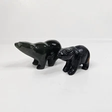 Vintage Green Jade Hand Carved Bear Figurine And Black Bear Small 2"