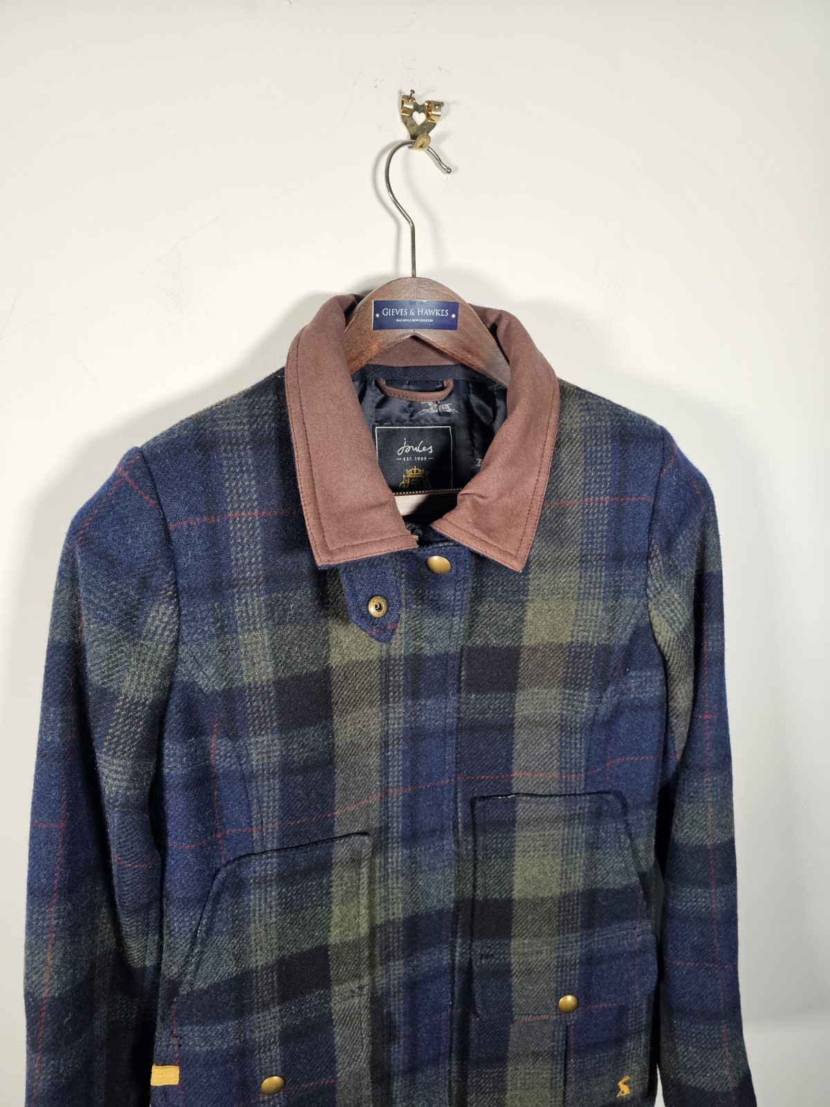 Joules Tweed Field Coat Women's UK 10 Blue & Green Tartan Check Jacket Wool