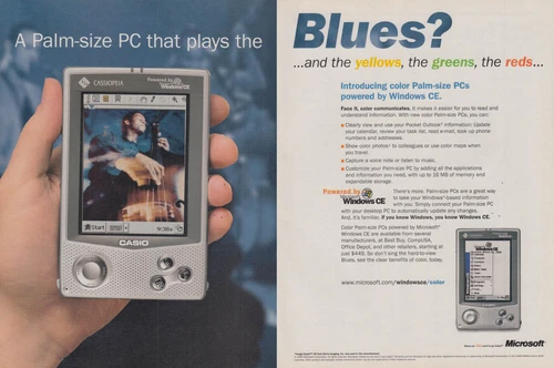 A Palm-size PC that plays the blues? Casio with Windows CE ad 1999